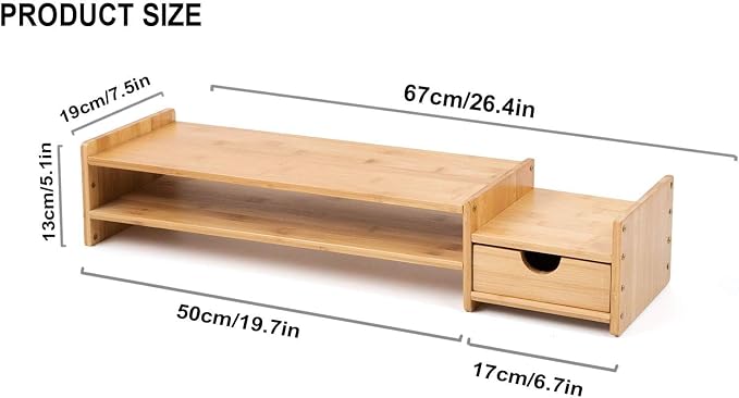 Bamboo 2-Tier Monitor Stand Riser with Drawers, Desktop Organizer for Laptop, Computer, Printer, Cellphone - Reduce Neck & Eye Strain, Office & Home Use - Image 5