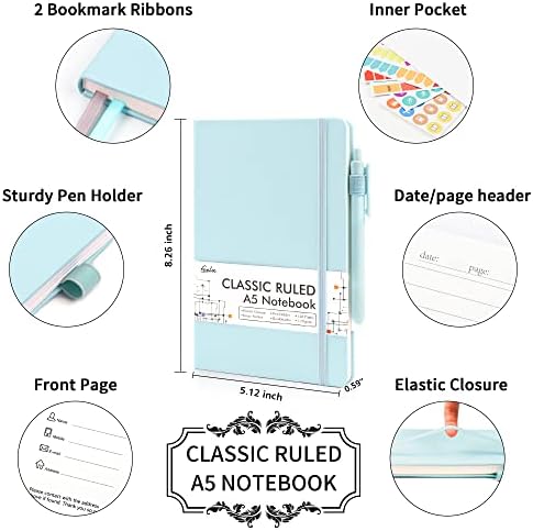 feela 12 Pack Notebooks Journals Bulk, Hardcover Notebook Classic Ruled Lined Journals with Pen Holder for Women Girls School Business Supplies, with 12 Black Pens, 120 GSM, 5.1”x8.3”, A5, Sky Blue - Image 2