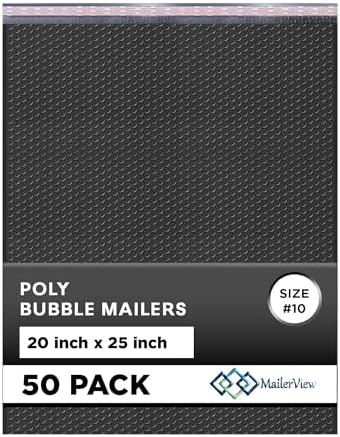 Jet Black Bubble Mailers 20x25, Poly Padded Envelopes #10, 50 Pack by MAILERVIEW