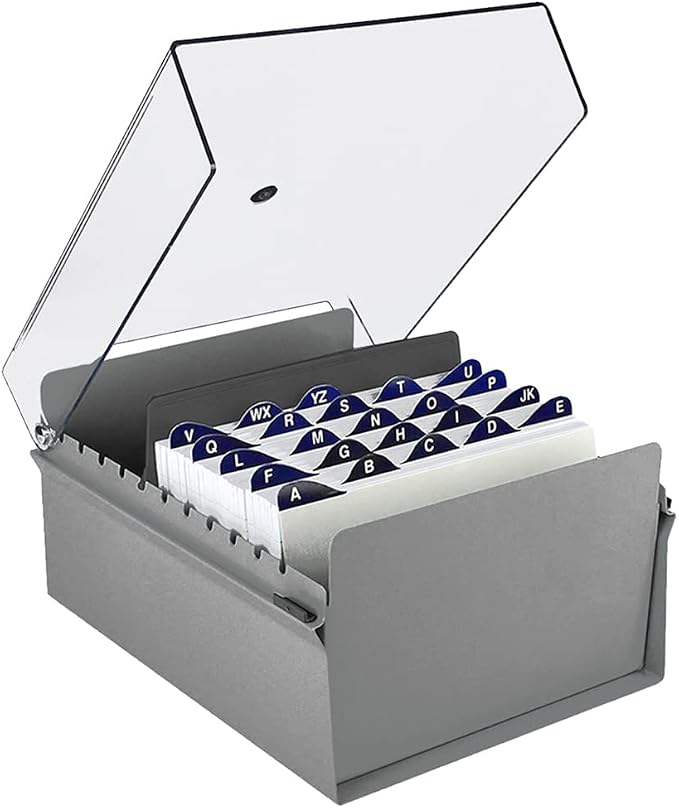Acrimet 5 X 8 Card File Holder Organizer Box Metal Base Heavy Duty (AZ Index Cards and Divider Included) (Gray Color with Clear Crystal Plastic Lid Cover) | With A-Z Index & Non-Slip by Organizingyourlife
