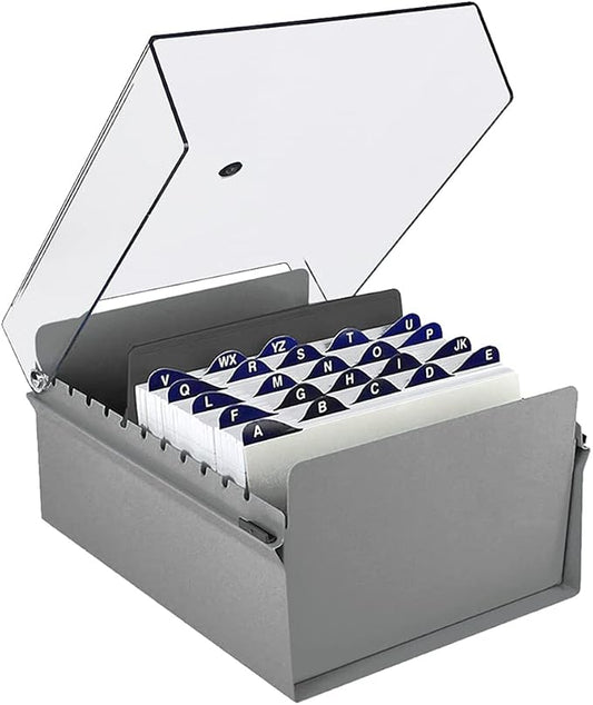 Acrimet 5 X 8 Card File Holder Organizer Box Metal Base Heavy Duty (AZ Index Cards and Divider Included) (Gray Color with Clear Crystal Plastic Lid Cover) | With A-Z Index & Non-Slip by Organizingyourlife