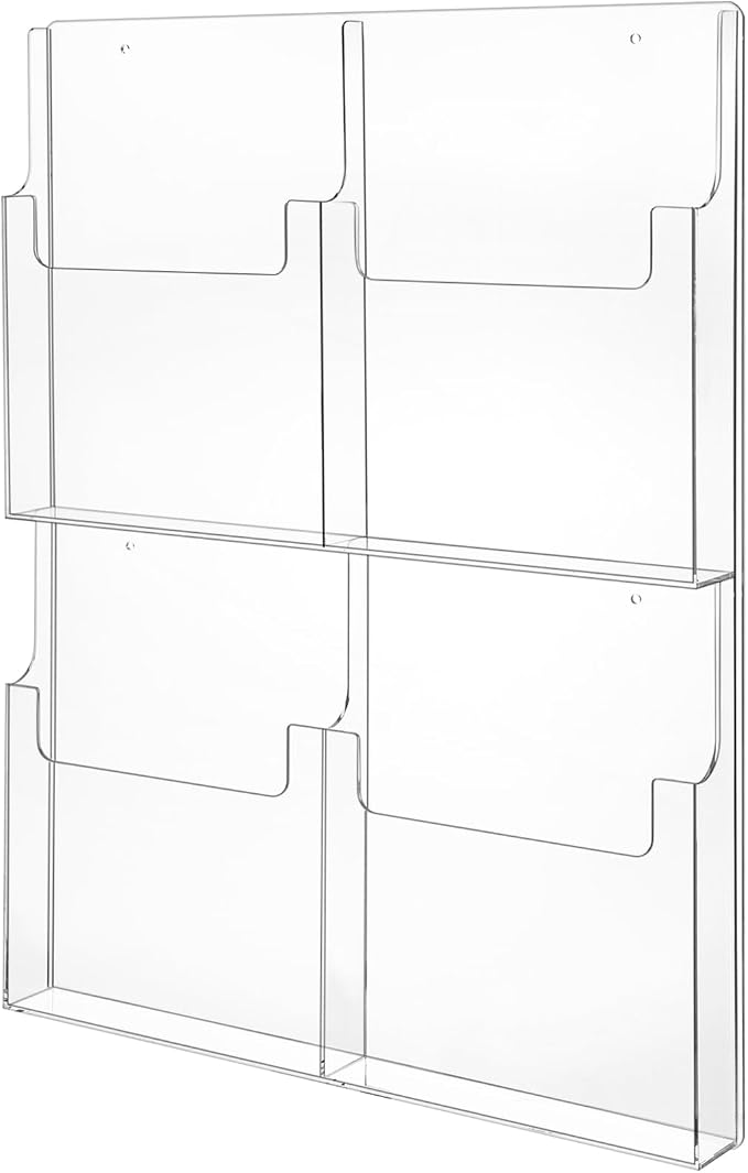 Barydat 4 Pocket Acrylic Brochure Holder Wall Mount 11.8 x 8.78 inches | Clear Pamphlet Holder Plastic Trifold Flyer Rack Magazine Display Stand Wall Hanging Organizer for Office Menu Ads by home