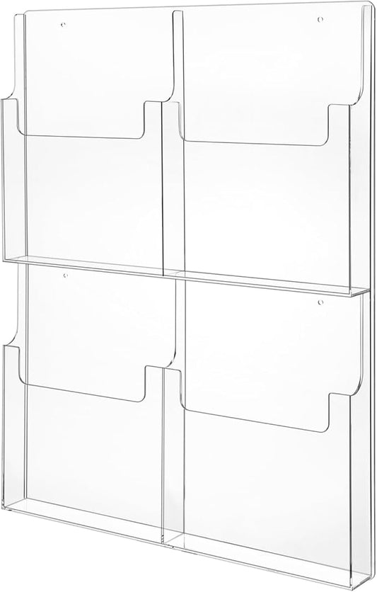 Barydat 4 Pocket Acrylic Brochure Holder Wall Mount 11.8 x 8.78 inches | Clear Pamphlet Holder Plastic Trifold Flyer Rack Magazine Display Stand Wall Hanging Organizer for Office Menu Ads by home