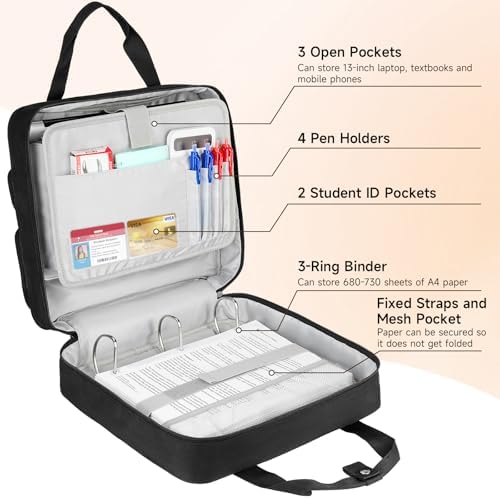 Zipper Binder 3 Ring, 700 Sheets Capacity, Binder 3 Inch with Shoulder Strap Fits 13 Inch Laptop for School and Office,Black - Image 4