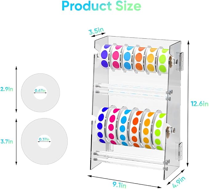 Label Dispenser 12 Disks Acrylic Sticker Dispenser Label Roll Holder(Clear) | Multi-Use Adjustable Double-Layer Sticker Holder Organizer, Stable Desktop Sticker Stand Label Holders for Home Office - Image 2