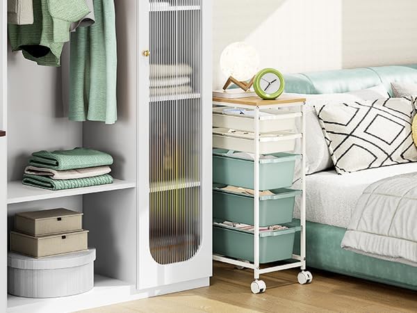KINGBOARD Slim Rolling Cart with 5 Drawers, Metal Utility Storage Cart | Wooden Tabletop, Lockable Wheels, Table Side Trolley for Bedroom, Children's Room and Office Organization, Green - Image 6