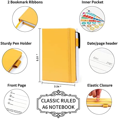 feela 15 Pack Pocket Small Notebooks Bulk, Mini Cute Notepads Hardcover College Ruled Lined Journals with Pen Holder for School Business Memos, with 15 Black Pens, 3.5”x 5.5”, A6, Yellow - Image 2