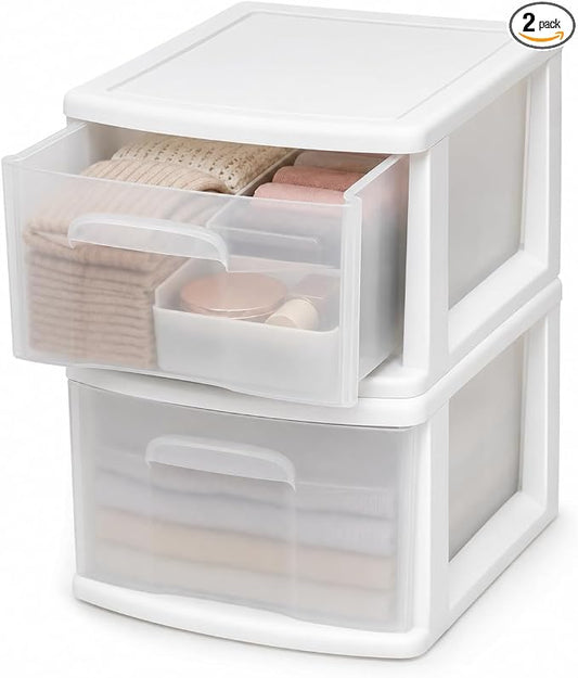 HOMZ 1 Drawer Storage Cart, Medium Plastic Container, White Frame, 2 Pack | 14.25" Wide Medium Tote with 1 Clear Drawer for Organizing Bathrooms, Bedrooms, Home Offices, Closets, and Dorm Rooms by Homz