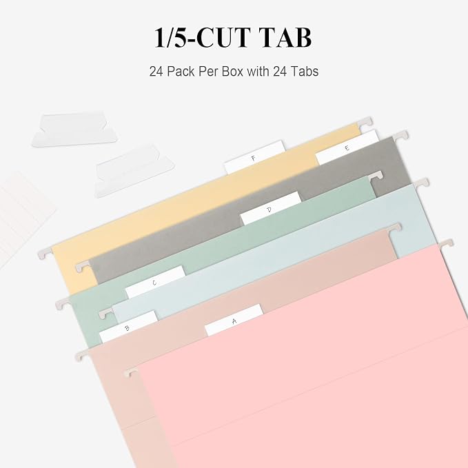 ViVin Hanging File Folders 24 Pack,Letter Size with 1/5-Cut Adjustable Tabs, Assorted Colors, Reinforced File Organizer for Office Desk, Home Filing Cabinet & School Drawer - Image 3
