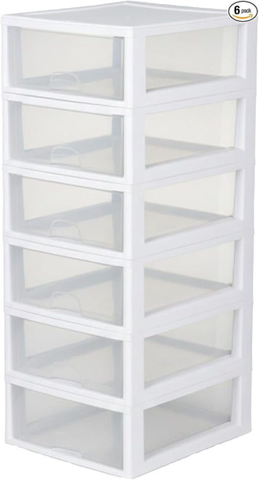 Sterilite 6-Pack 16 Quart Stacking Drawer, Clear Storage Closet Organizer, White Frame - Stackable Modular Plastic Drawers for Clothes, Accessories, Craft Supplies, Shoes or Linens by Sterilite