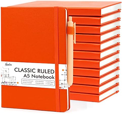 12 Pack Notebooks Journals Bulk with 12 Black Pens, Feela A5 Hardcover Notebook Classic Ruled Journal Set with Pen Holder for School Business Work Travel Writing, 120 GSM, 5.1”x8.3”, Orange by feela