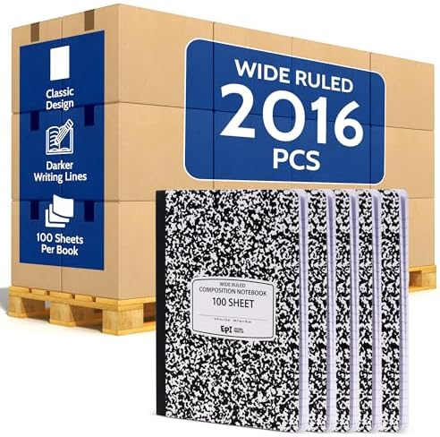 2016 Pack (Pallet) EPI Wide Ruled Composition Notebook Bulk, 200 pages (100 Sheets), 9-3/4 x 7-1/2, Black Marble, Bulk School Supplies, Heavy Duty, Durable Office Notebooks, Sturdy Sewn Binding by EPI