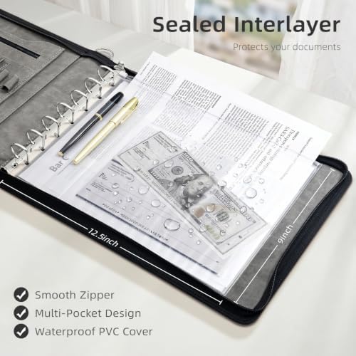 Ospelelf Grey Zippered 7 Ring Check Binder for Business Checks (9" x 13"), 1 Inch Faux Leather Checkbook Portfolio with Zipper Pouch, Professional Binder Organizer for Accountants, Home Use - Image 4