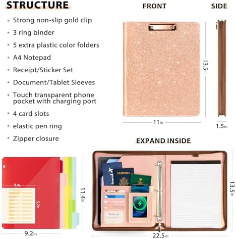 Leather Clipboard with Storage, Zippered Padfolio Portfolio Organizer, 3 Ring Binder 1 Inch, Notepad, Tablet Sleeve, 5 Dividers with Pocket, Stickets for Office, Nurses, Students, Teachers Rose Gold - Image 2