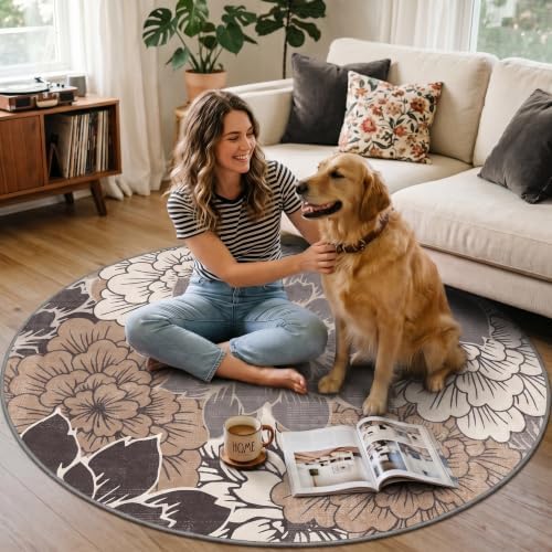 5FT Round Office Chair Mat for Hardwood Floor, Non-Slip Washable Grey Beige - Image 3