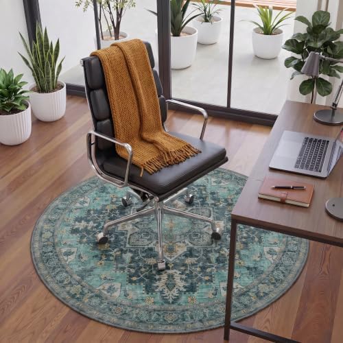 5FT Round Office Chair Mat for Hardwood Floor, Non-Slip Washable Turquoise - Image 2
