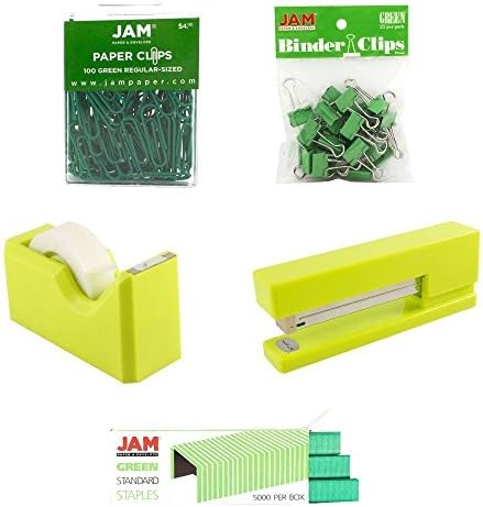 JAM PAPER Office Starter Kit - Green - Stapler, Tape Dispenser, Staples, Paper Clips & Binder Clips - 5/Pack by JAMPaper