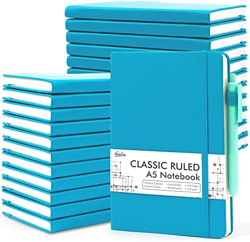 feela 24 Pack Journal Notebook Bulk for Work, Business Notebook Hardcover Lined Writing Journal with Pen Holder for Men Women Note Taking, with 24 Black Pens, 120 GSM, 5.1”x8.3”, A5, Teal by feela