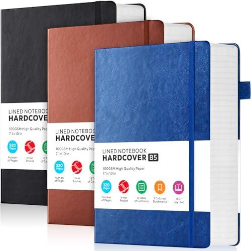 FOCUS DAY 3 Pack Leather Notebooks Journals, Bulk Lined Notebook Journals Set for Women Men Writing, 320 Pages Hardcover B5 College Ruled Notebook Journal Notepad for School Office, Black Blue Brown by FOCUSDAY