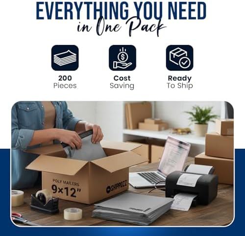 Shippozz 9x12 Poly Mailers 200 Pack, Durable Waterproof Polymailers for Shipping Clothes, Self Seal Mailing Bags for Small Business Packaging Supplies, Mailing Envelopes for Books, and Accessories - Image 4
