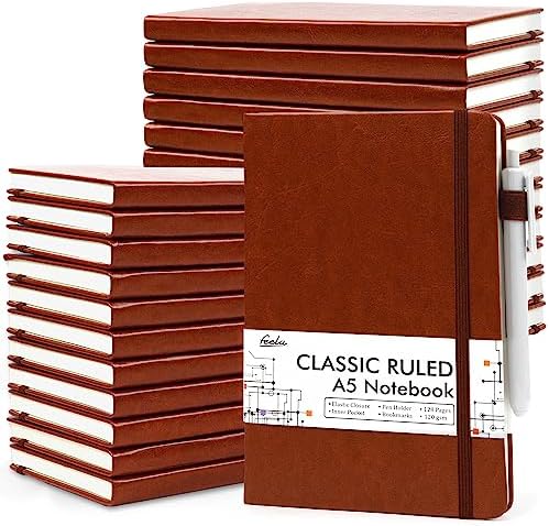 feela 24 Pack Journal Notebook for Work, Business Notebook Bulk Hardcover Lined Writing Journal with Pen Holder for Men Women Note Taking, with 24 Black Pens, 120 GSM, 5.1”x8.3”, A5, Brown by feela