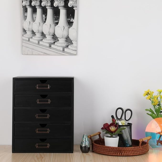 Small Wooden Drawers Wooden Box with Drawer, Black 5 Wood Drawer | Countertop Storage Box for Apothecary Cabinet, Apothecary Drawers，Desktop Organizer for Office，Home - Image 2
