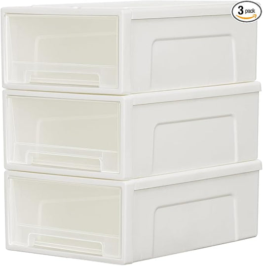 Cetomo 5L*3 Plastic Storage Drawers Unit, Office Desk Organizers, Drawer Organizer, Storage Box, Stackable Tower for Desktop, Bedroom, Dorm, Cosmetics, Durable PP, BPA Free, White & Clear, 5L-3 Pack by Cetomo
