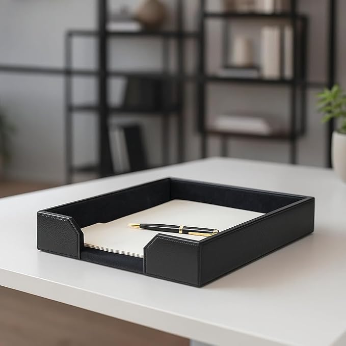 Dacasso Bonded Leather Desktop Tray Luxury Letter Holder & Paper Organizer for Desk, 13.5in x 10.5in x 2.13in, Black by Dacasso