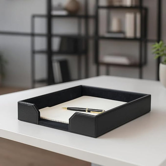 Dacasso Bonded Leather Desktop Tray Luxury Letter Holder & Paper Organizer for Desk, 13.5in x 10.5in x 2.13in, Black by Dacasso