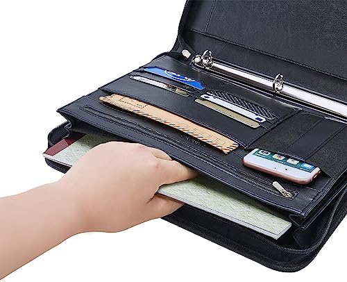 Zippered Padfolio Binder, Faux Leather Organizer with 3-Ring Binder, Left-Handed Design, Business Card Slots & Document Folders - Professional Padfolio for Office (Black) - Image 5
