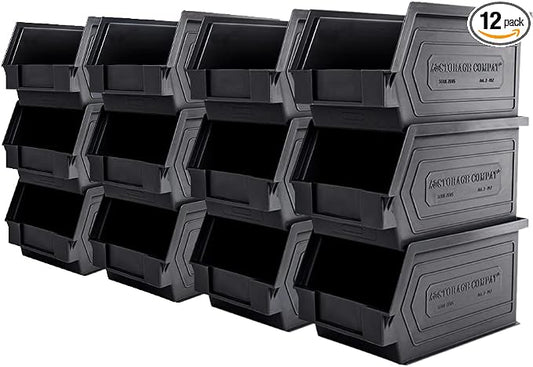 Plastic Storage Bins, Hanging, Stackable, Storage Organizer Bin for Warehouses, Workshops 9-Inch x 5-Inch x 5-Inch, Black, 12-Pack by StorageCompat