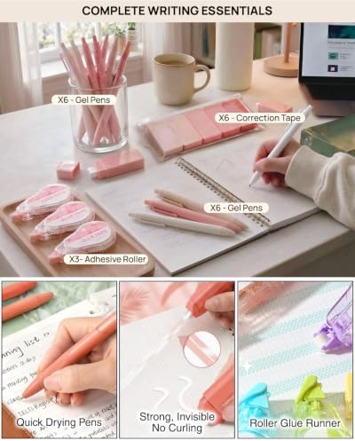 42pcs Cute Pencil Case, Large Capacity Study Pouch Bag with 4-Compartments, Portable Soft Canvas Easy Carry for Library and Office Supplies Kit, Elegant Aesthetic Study for Women (beige) - Image 5