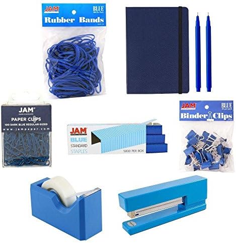 JAM PAPER Complete Desk Kit - Blue - Stapler, Tape Dispenser, Staples, Journal, Le Pens, Rubber Bands, Paper Clips & Binder Clips - 8/Pack by JAMPaper