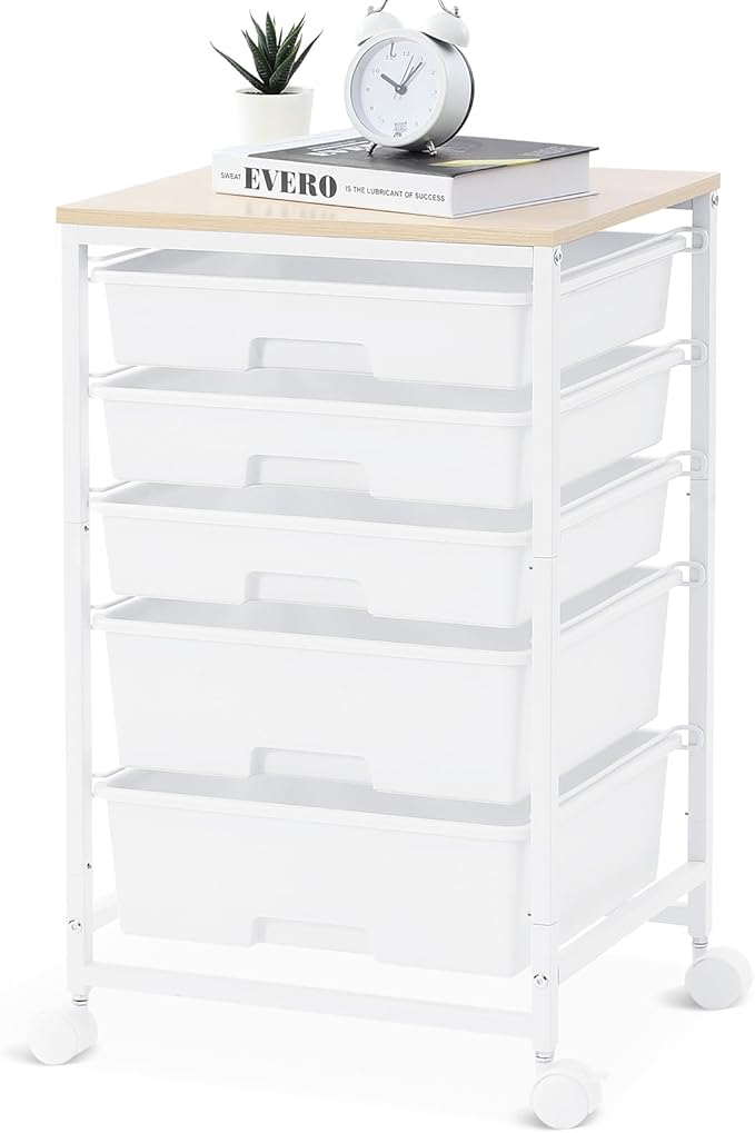 SYKIARIOL Rolling Cart with Drawers, 5 Drawers Utility Cart, Bright White | 5-Tiers Storage Cart with Drawers with Wooden Top for Craft Organizers and Storage,Home Office,Classroom,Dorm by SYKIARIOL