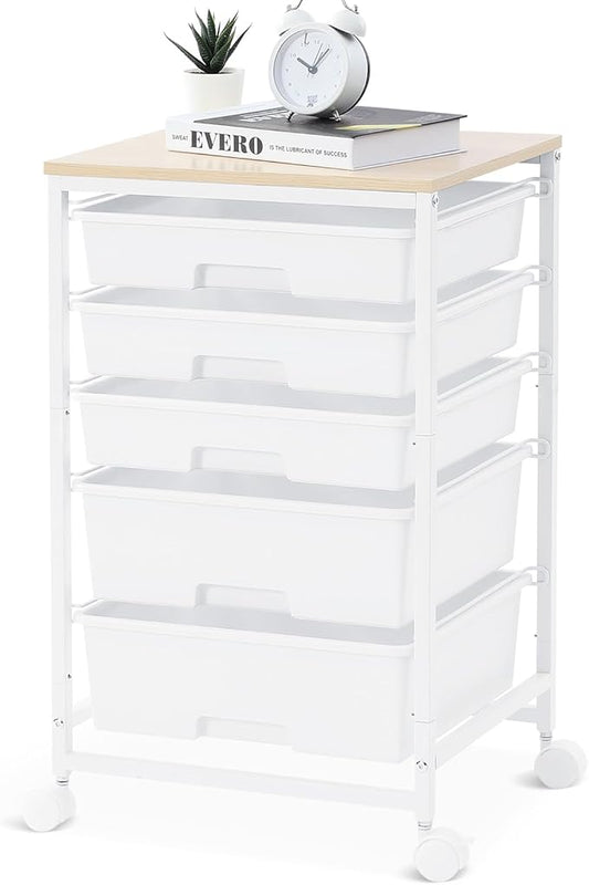 SYKIARIOL Rolling Cart with Drawers, 5 Drawers Utility Cart, Bright White | 5-Tiers Storage Cart with Drawers with Wooden Top for Craft Organizers and Storage,Home Office,Classroom,Dorm by SYKIARIOL