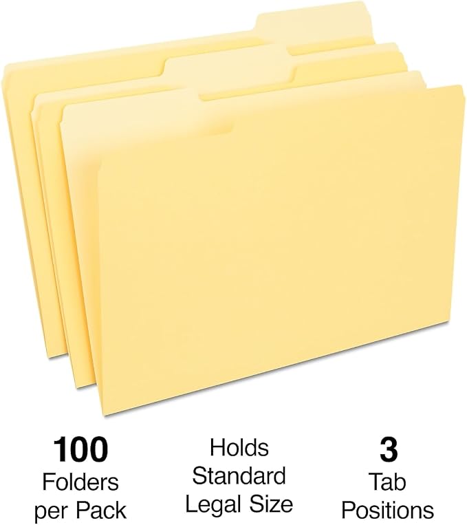 Staples Colored File Folders, Legal Size, 3‑Tab Top‑Tab Design, Yellow, Durable Paper Stock, 100/Pack - Image 2