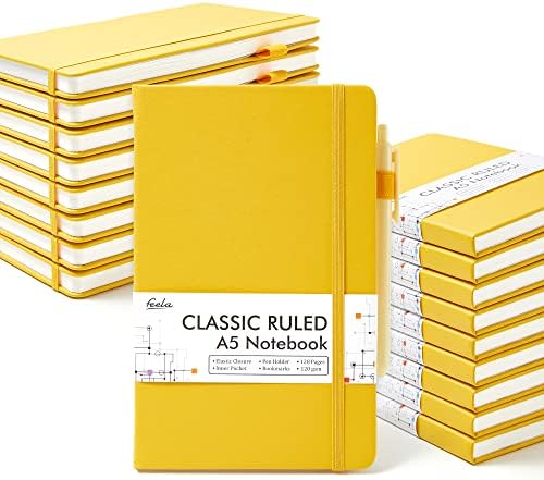 feela 18 Pack Journal Notebook for Work, Business Notebook Bulk Hardcover Lined Writing Journal with Pen Holder for Men Women Note Taking, with 18 Black Pens, 120 GSM, 5.1”x8.3”, A5, Yellow by feela