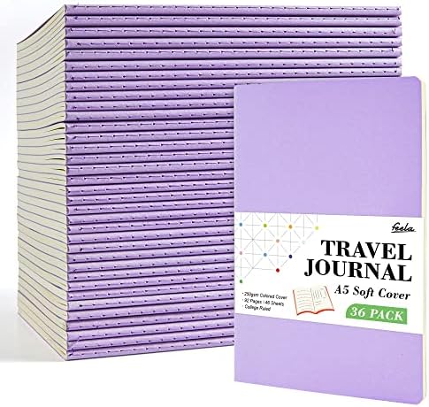 feela 36 Pack Soft Cover Journal Bulk, Lined Blank Travel Journal for Women Men Writing, Notebooks College Ruled for Work, Note Taking Notebook School Business Supplies, 8.2” x 5.5”, A5, Light Purple by feela