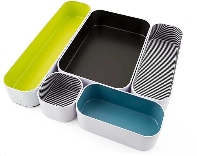 Three by Three Seattle Metal Drawer Organizer Tray Set, 5-Pc, 2" (Assorted) | Deep 2" food-safe metal bins; soft non-scratch base; perfect for kitchen utensils, tools & bulkier drawer items by ThreebyThreeSeattle