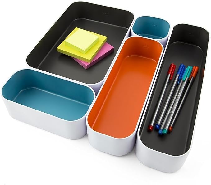 Three by Three Seattle Metal Drawer Organizer Tray Set, 5-Pc (Multicolor) | Deep 2" food-safe metal bins; soft non-scratch base; perfect for kitchen utensils, tools & bulkier drawer items - Image 5