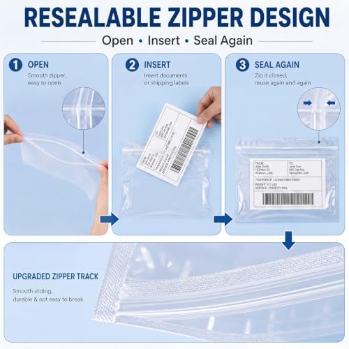 Glenmal 250 Pcs 7" x 5.5" Resealable Packing List Envelopes Clear Self-adhesive Shipping Label Sleeves with Zipper Waterproof Packing List Envelopes for Documents Mailing Labels Invoices Pack Slip - Image 3