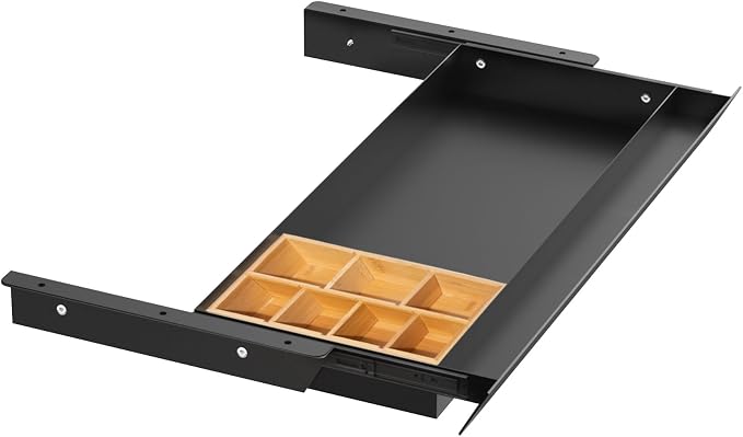 Large Under Desk Mounted Sliding Drawer with Bamboo Tray and 60 Degree Tilt Panel to Pull Out, 26'' Long & 13'' deep Large Storage Organizer for Sit Stand Workstation by GAXOMO