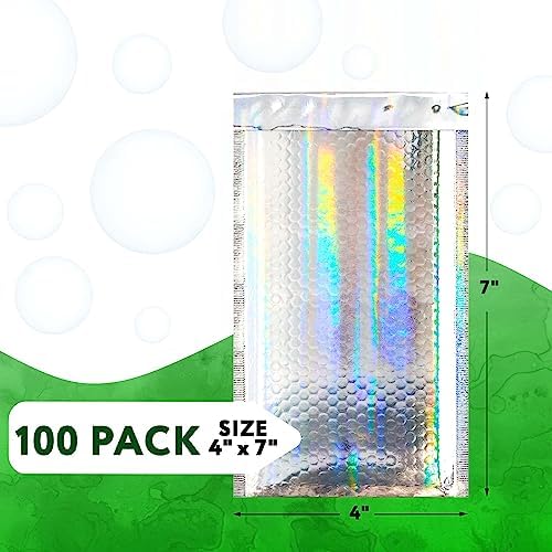 Metallic Bubble Mailers, Hologram Glossy Padded Envelopes 4 x 7 Inches, Cushion Bubble Shipping Bags, Self Seal Mailing Envelopes, Pack of 100 - Image 2