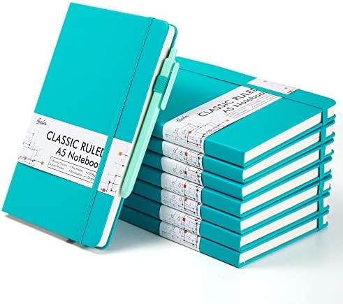 feela 8 Pack Notebooks Journals Bulk, Hardcover Notebook Classic Ruled Lined Journals with Pen Holder for Women Girls School Business Supplies, with 8 Black Pens, 120 GSM, 5.1”x8.3”, A5, Emerald by feela