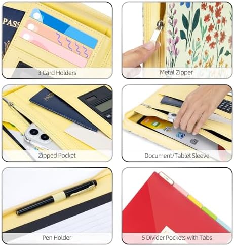 Ospelelf Leather Clipboard Binder with Storage - 3 Ring Zippered Padfolio Portfolio Folder - Calculator, 12.1” Tablet Sleeve, 5 Dividers with Pocket, Refillable Notepad, Card Slot (Floral) - Image 4