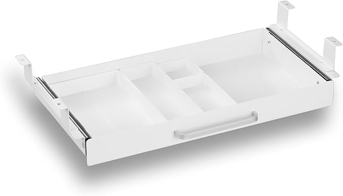 Under Desk Drawer 21" with 4 Divider Trays, Storage Drawer Organizer | White, Under Counter, Desk Accessory, Attachable for Workbench, Adjustable Brackets, for Desk Lip with Crossbar, Clamp Mount by OSteedWares