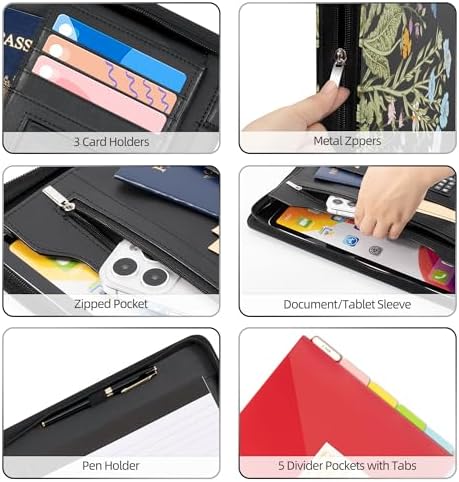 Ospelelf Leather Portfolio Folder with Zipper - 3 Ring Binder with Clipbard - Calculator, 12.1” Tablet Sleeve, 5 Dividers with 10 Pockets, Refillable Notepad, Card Holder (Bushes) - Image 4