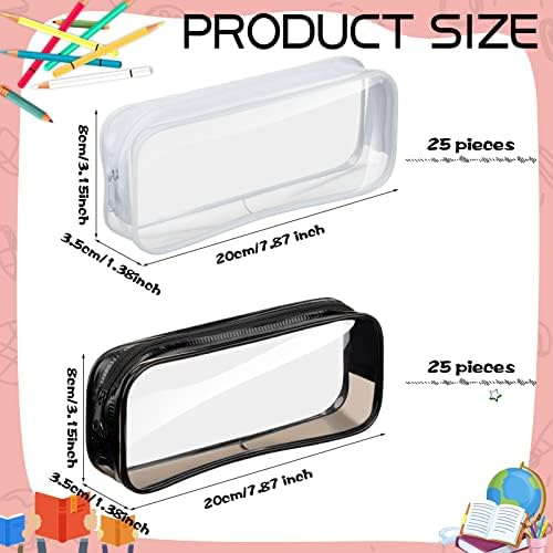 Fainne 50 Pcs Clear Pencil Pouch Bulk 7.87x1.38 Zipper Bag, Black, White - Image 2