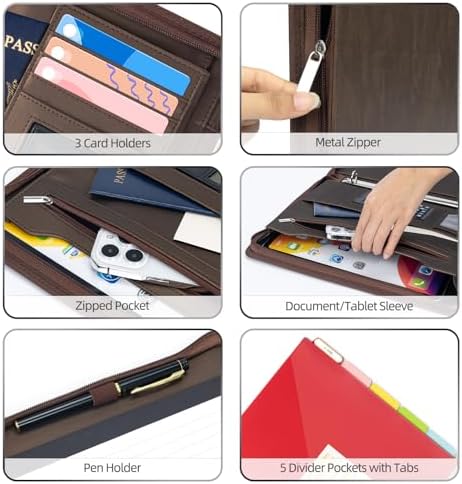 Ospelelf Zippered Portfolio Binder, Leather Clipboard Folder with Storage, 3 Ring Binder 1 Inch, 12.1” Tablet Sleeve, 5 Dividers with Pocket, Refillable Notepad, Card Slot (Brown) - Image 4