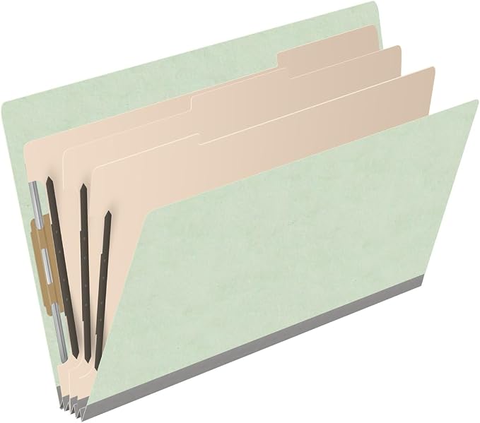 Ecom Folders End Tab Pressboard Classification Folders | Legal Size 25 Pt Type III Stock with 3 Dividers & 3" Tyvek Expansion | 2 Fasteners Pos 1 & 3 for Medical & Office Docs | Pale Green, Box of 10 - Image 2